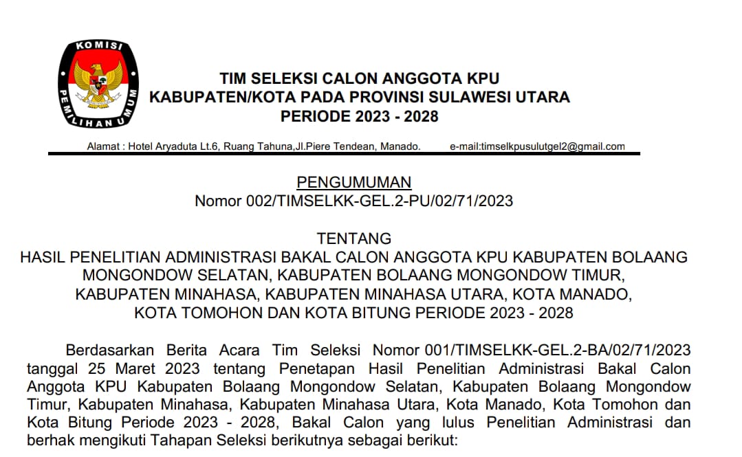 Empat petahana komisioner KPU Kota Bitung lulus seleksi administrasi. (Fto/Ist)