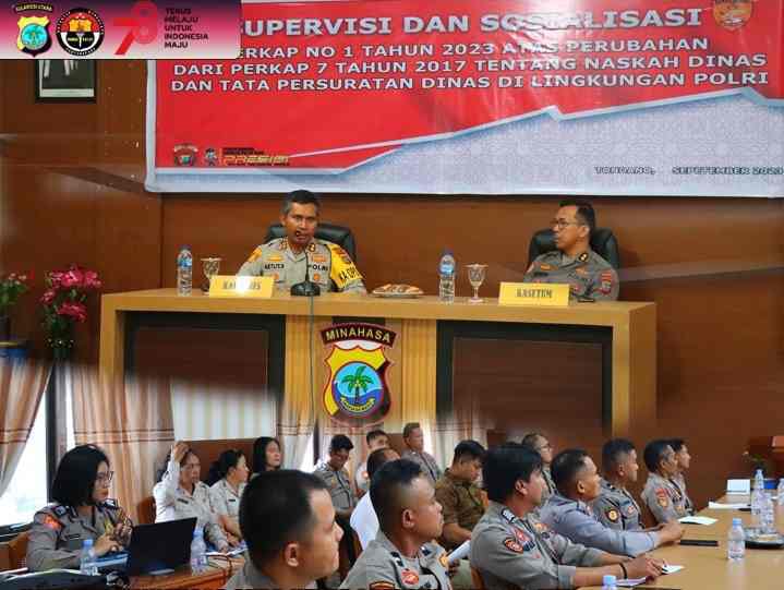 Supervisi dan Sosialisasi Perubahan Peraturan Kapolri  Tentang Naskah Persuratan Dinas di Polres Minahasa, Kamis 14/9/2023.